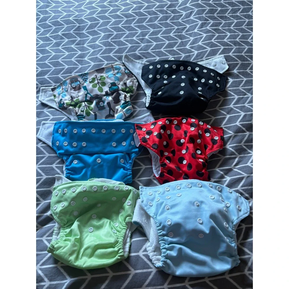 KaWaii Baby Reusable Cloth Diaper Lot 6 Covers 6 Inserts Adjustable Snaps Mixed